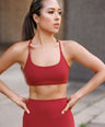 Women's sports bra, crop top for yoga, pilates and gym. Supportive bra. Deep red, cherry red, open back, backless sports bra.