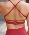 Women's sports bra, crop top for yoga, pilates and gym. Supportive bra. Deep red, cherry red, open back, backless sports bra.