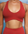 Women's sports bra, crop top for yoga, pilates and gym. Supportive bra. Deep red, cherry red, thick strap sports bra.